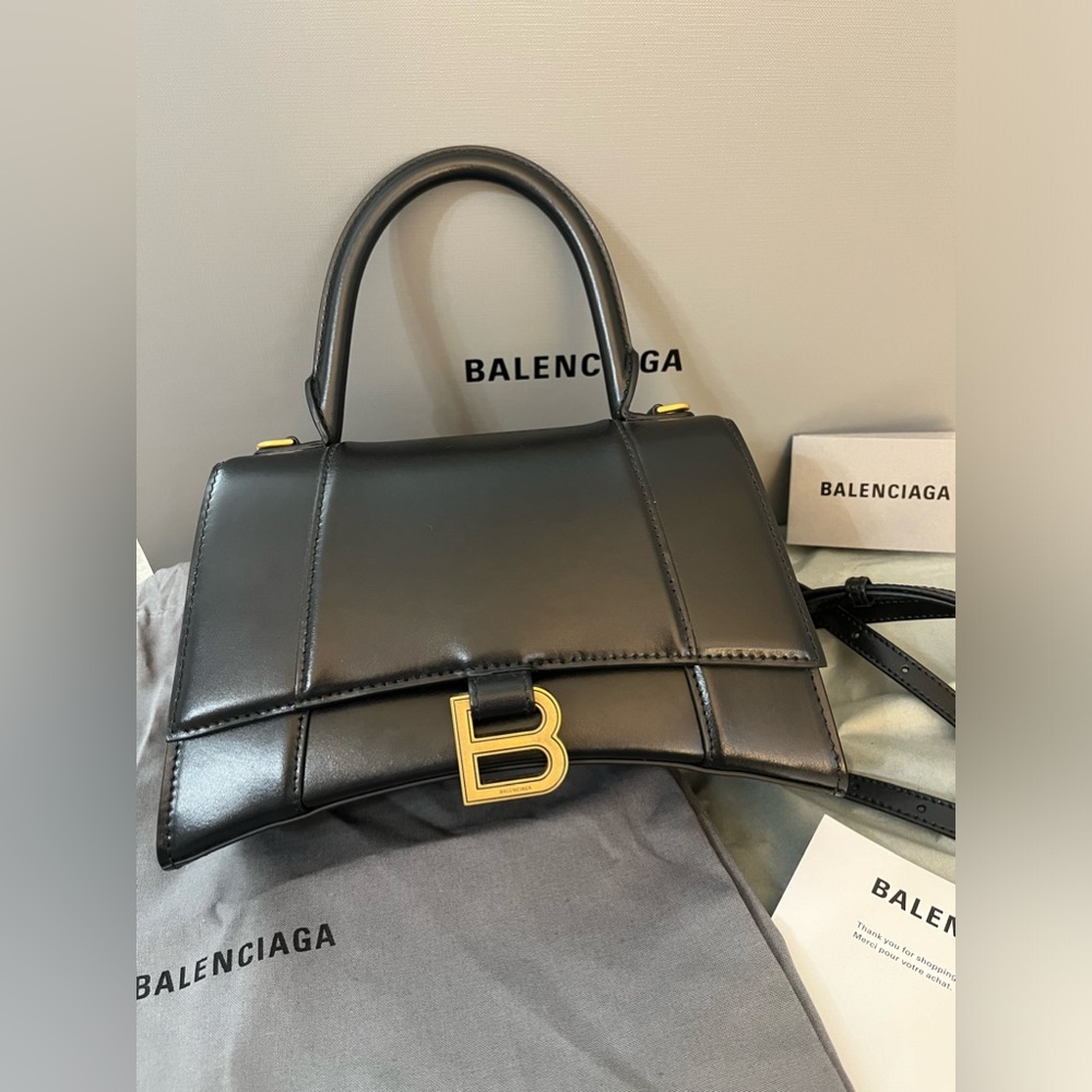 Balenciaga bag, small black and gold hourglass top handle cross body bag